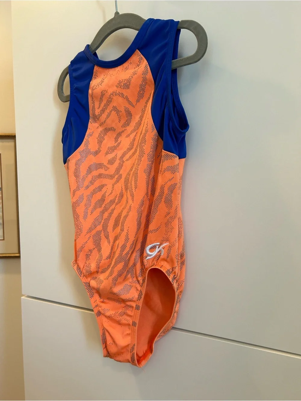 GK Elite Orange & Royal Blue Tiger Print Leotard - CM Child’s Medium